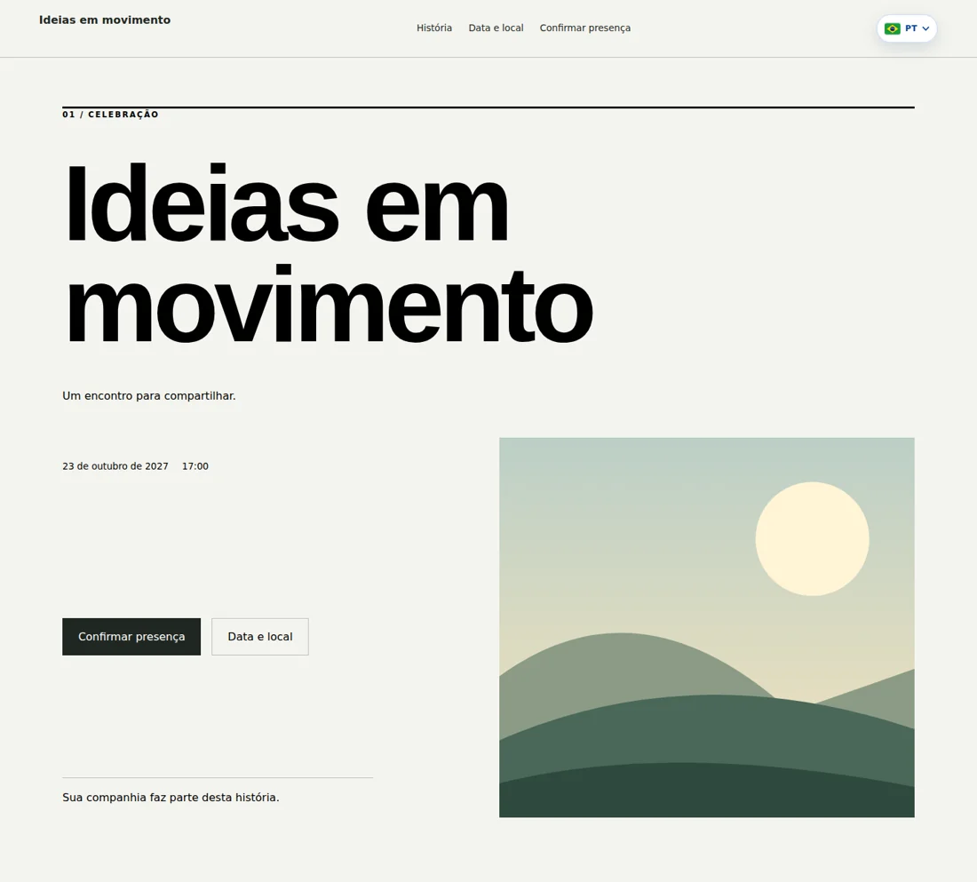 Captura do renderer Modern Editorial v3: Ideias em movimento, evento fictício